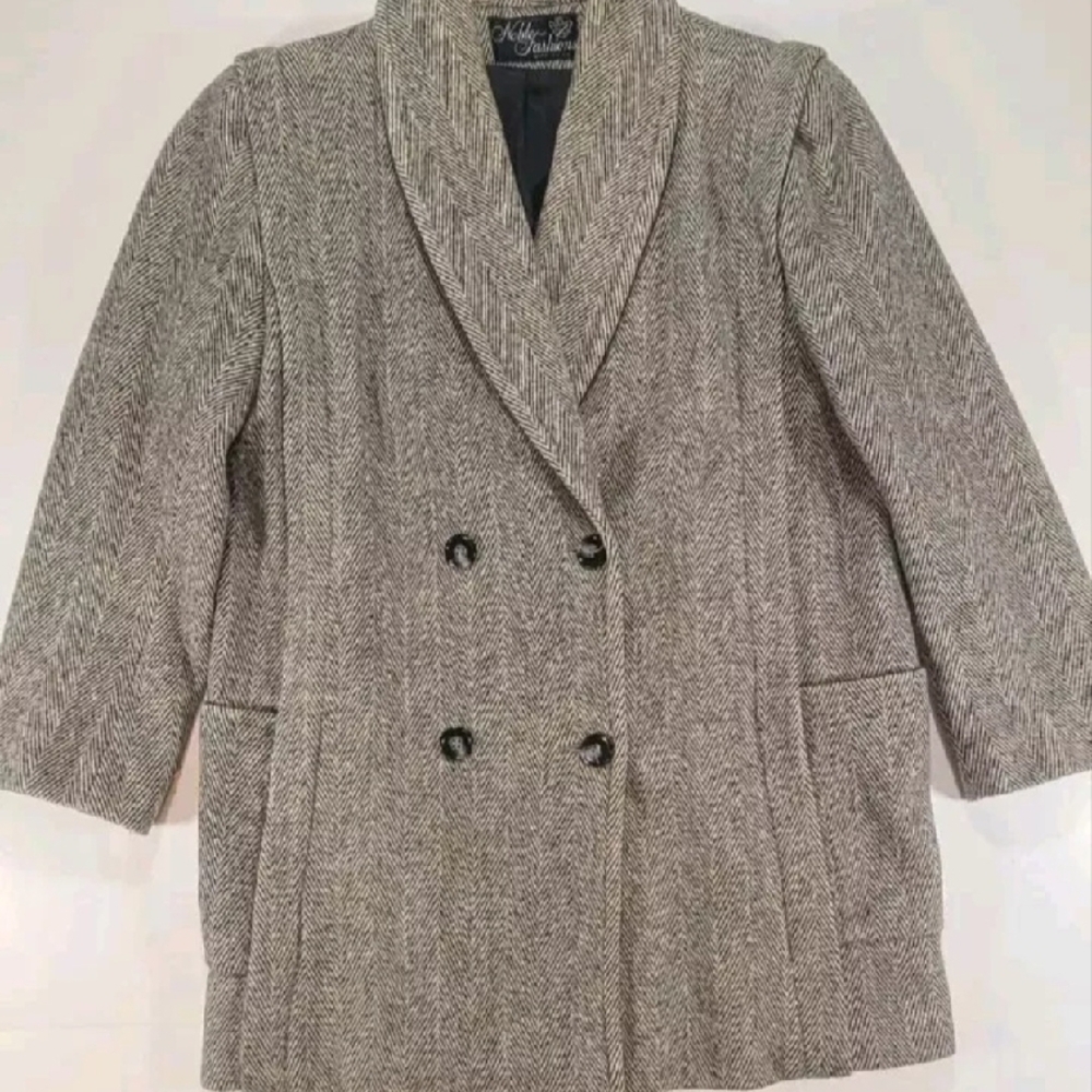 Vintage Noble Fashions Herringbone Jacket Women LG Double Breasted Wool Blend